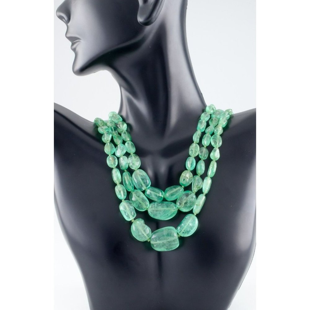 Polished Emerald 400 Carat Three-Strand Necklace with Diamond 14k Gold Clasp